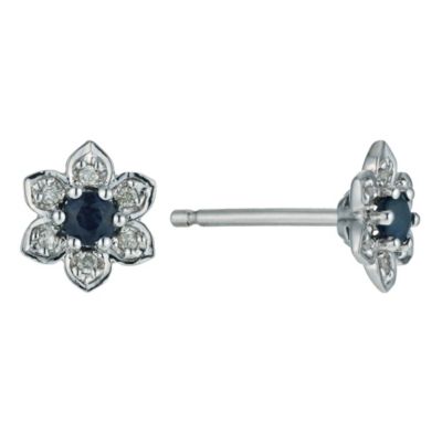 Sterling Silver Sapphire and Diamond Flower Stud