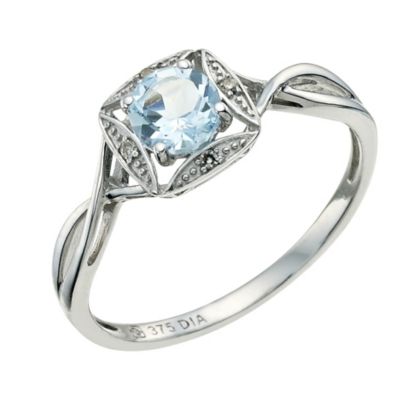 9ct White Gold Diamond and Blue Topaz Ring