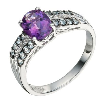 Silver Amethyst, Blue Topaz & Diamond Ring - Product number 9590471