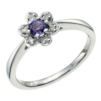 H Samuel Sterling Silver Daisy Amethyst and Diamond Ring