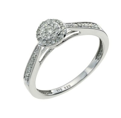 9ct White Gold 1/5 Carat Diamond Halo Cluster Ring