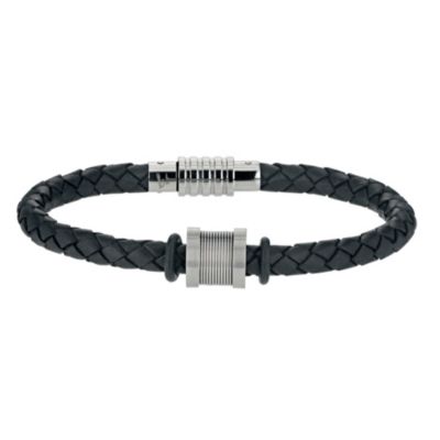 Black Leather & Stainless Steel Bracelet