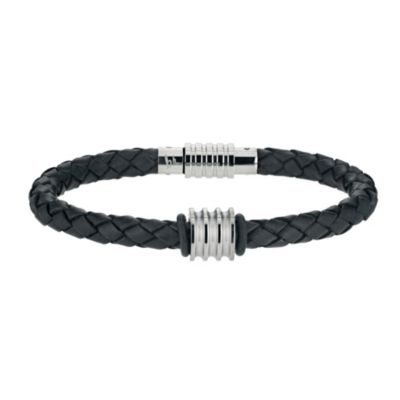 Black Woven Leather & Stainless Steel Bracelet