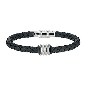 Black Woven Leather & Stainless Steel Bracelet