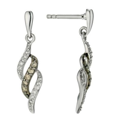 Sterling silver brown & white diamond swirl drop earrings - Product number 9616861