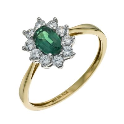 Silver & 9ct Gold Emerald & Cubic Zirconia Cluster Ring