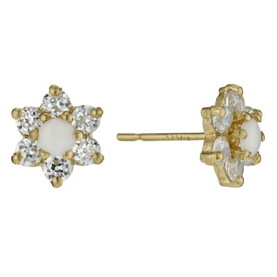 9ct Gold Opal Cubic Zirconia Flower Stud Earrings