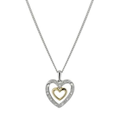 Silver  9ct Gold Cubic Zirconia Double Heart Pendant 18