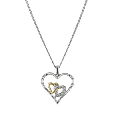 Silver & 9ct Gold Cubic Zirconia Double Heart Pendant 18" - Product number 9629785