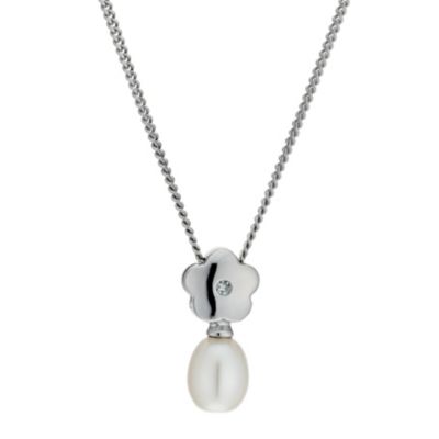 Children's silver flower diamond & freshwater pearl pendant - Product number 9633278
