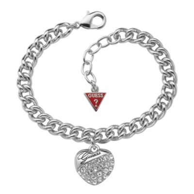 Guess Adjustable Rhodium Plated Crystal Heart Charm Bracelet
