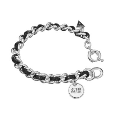 Guess RHodium Plated and Black Leather Bracelet