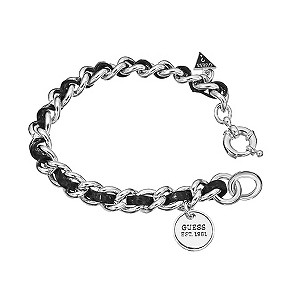 Guess RHodium Plated and Black Leather Bracelet