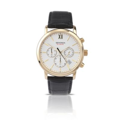 Sekonda Men's Gold Plated Black Leather Strap Watch - Product number 9660372