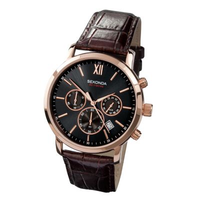 Sekonda Men's Gold Plated Brown Leather Strap Watch - Product number 9660399