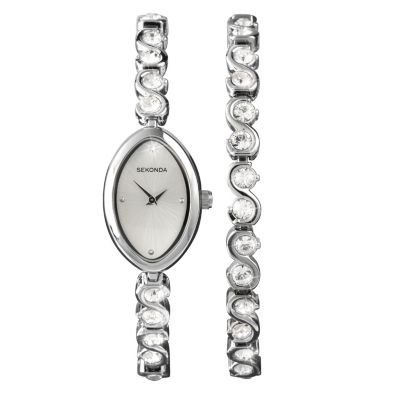 Sekonda Ladies' Stone Set Oval Bracelet Watch & Bracelet Set - Product number 9660534