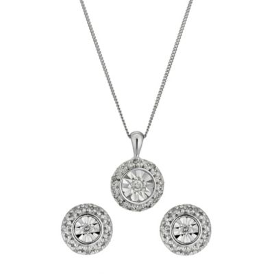 9ct white gold diamond pendant and earrings set - Product number 9667806
