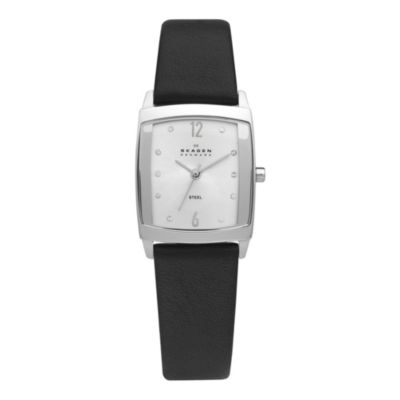 Skagen Ladies' Square Dial Black Leather Strap Watch H.Samuel
