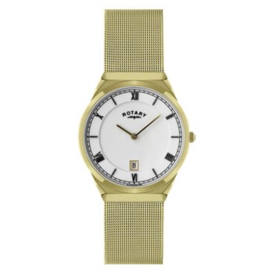 Rotary Men's White Dial Gold Plated Mesh Bracelet Watch