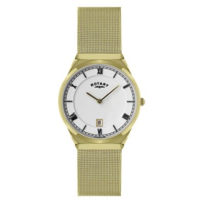 Rotary Men's White Dial Gold Plated Mesh Bracelet Watch