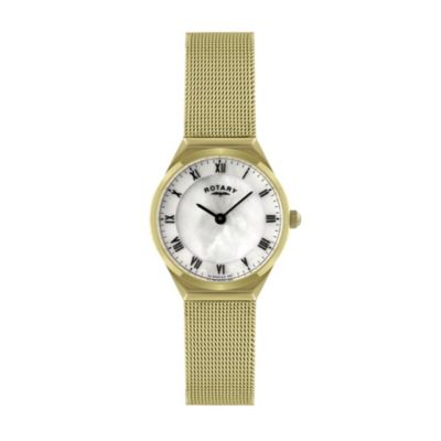 Rotary Ladies' Mother of Pearl Gold Plated Mesh Strap Watch