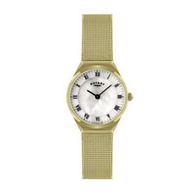 Rotary Ladies' Mother of Pearl Gold Plated Mesh Strap Watch