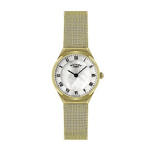 Rotary Ladies' Mother of Pearl Gold Plated Mesh Strap Watch