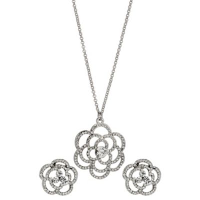 Stone Set Flower Necklace & Stud Earrings Two Piece Set - Product number 9741585