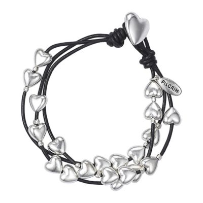 Pilgrim Black Bracelet with Silver-Plated Hearts