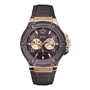 Guess Gents' Brown Leather Strap Watch