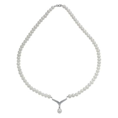 Sterling Silver Cultured Pearl & Cubic Zirconia V Necklace