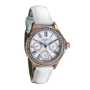 Rotary Ladies' Rose Gold White Leather Strap Watch