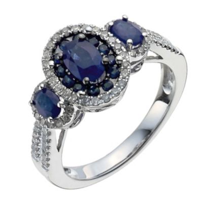 18ct white gold oval sapphire & diamond three stone ring - Product number 9913548