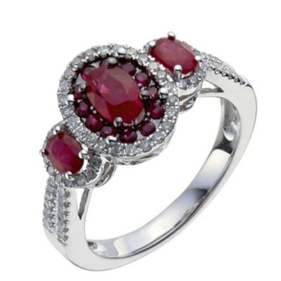 18ct white gold three stone oval ruby & 30pt diamond ring - Product number 9913939
