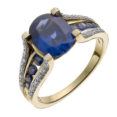 9ct yellow gold 12 point diamond & created sapphire ring - Product number 9917799