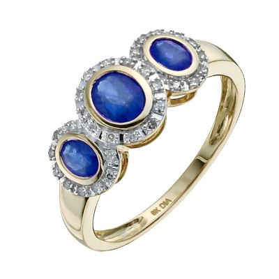 9ct yellow gold oval sapphire & diamond three stone ring - Product number 9917934