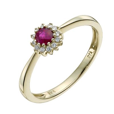 9ct yellow gold ruby & round diamond cluster ring - Product number 9918310