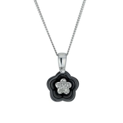 Black Ceramic & Silver Diamond Flower Pendant Necklace - Product number 9920986