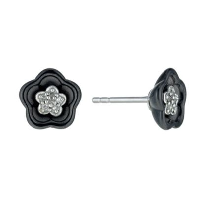 Black Ceramic & Silver Diamond Flower Stud Earrings