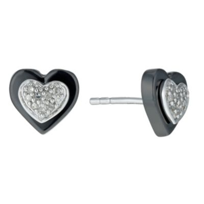 Black Ceramic & Silver Diamond Heart Stud Earrings - Product number 9921060