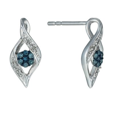 Sterling Silver Diamond & Treated Blue Diamond Earrings
