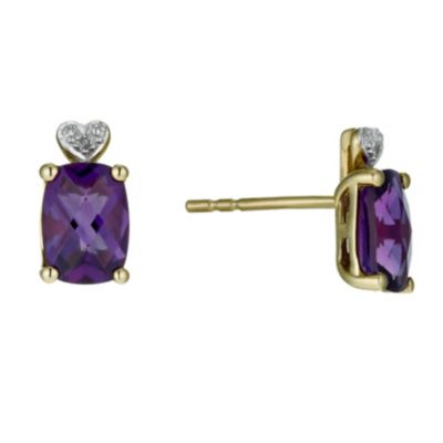 9ct Yellow Gold Diamond and Amethyst Stud Earrings