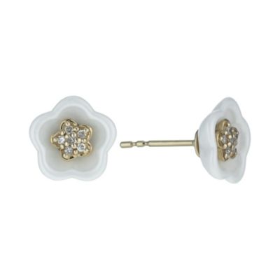 9ct Yellow Gold & White Ceramic Diamond Flower Stud Earrings