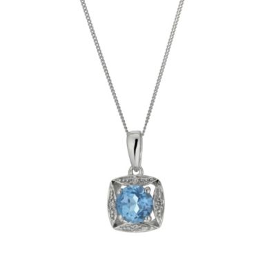 9ct White Gold Blue Topaz & Diamond Pendant Necklace