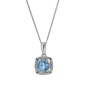 9ct White Gold Blue Topaz & Diamond Pendant Necklace
