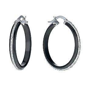 Black Ceramic & Silver Diamond Hoop Earrings