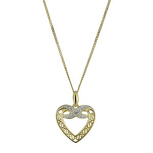 9ct Yellow Gold Diamond Heart & Kiss Pendant Necklace