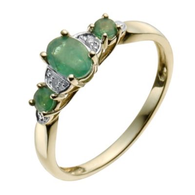 9ct Yellow Gold Emerald & Diamond Three Stone Ring - Product number 9933131