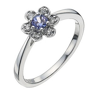 Sterling Silver Diamond and Tanzanite Flower Ring