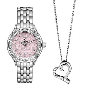 Bulova Ladies' Pink Dial Bracelet Watch & Heart Pendant